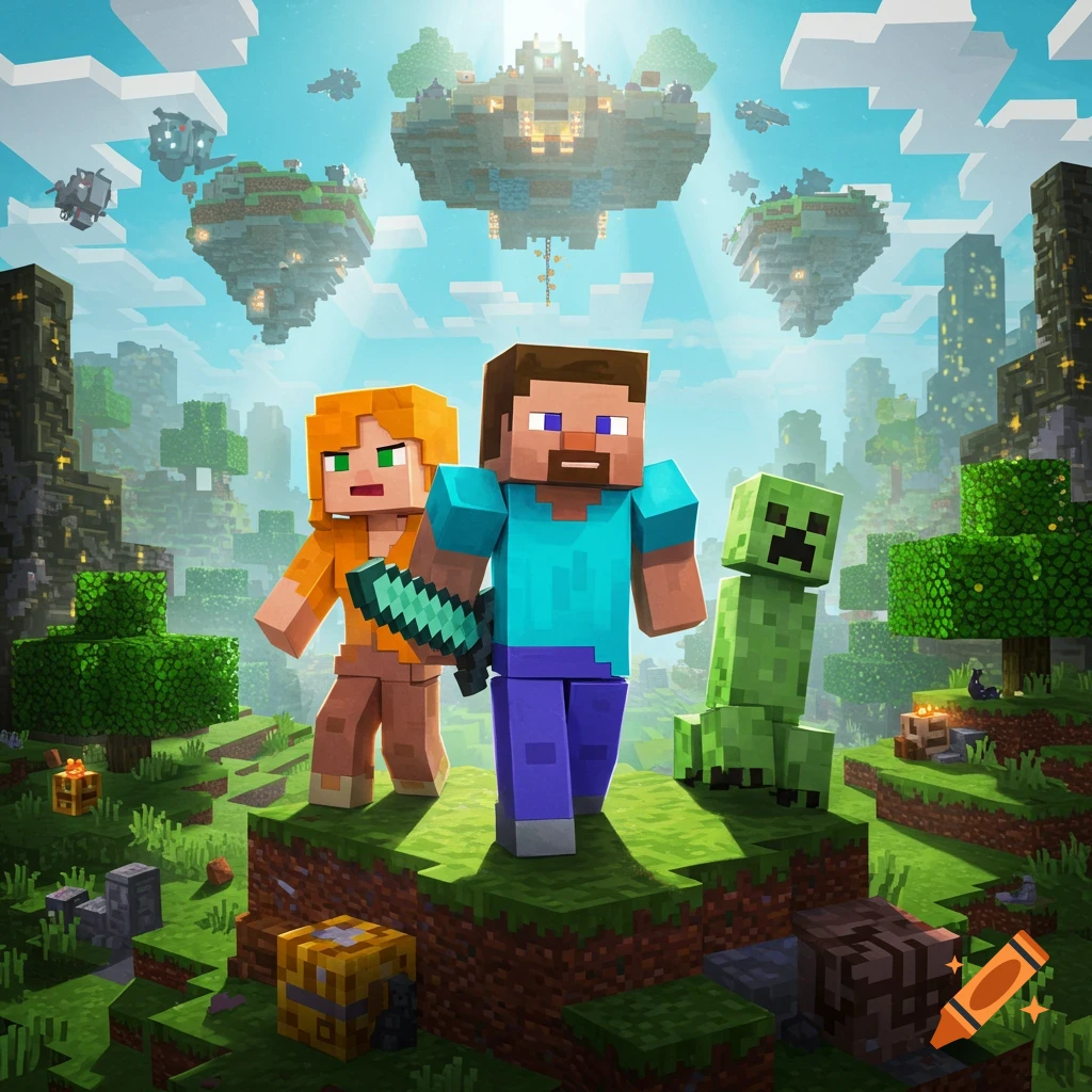 Minecraft characters Steve, Alex, and a Creeper stand in a blocky landscape with floating islands and city blocks.