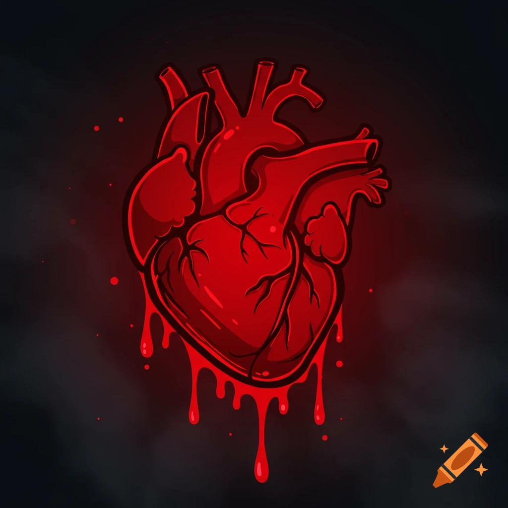 Stylized red heart dripping blood on a dark background.