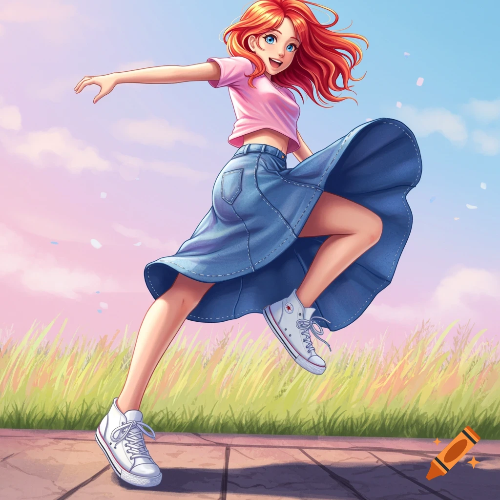 Illustration of a young woman with red hair jumping happily outdoors.