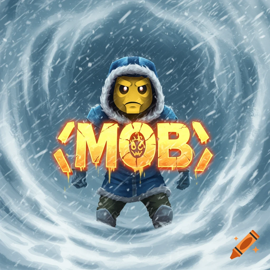 Stylized avatar figure in blue winter coat standing in a blizzard with glowing orange text 'MOB'.