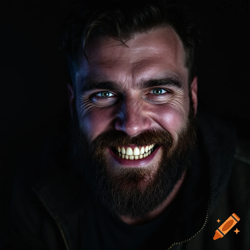 Close-up portrait of a man with a beard grinning with bright eyes