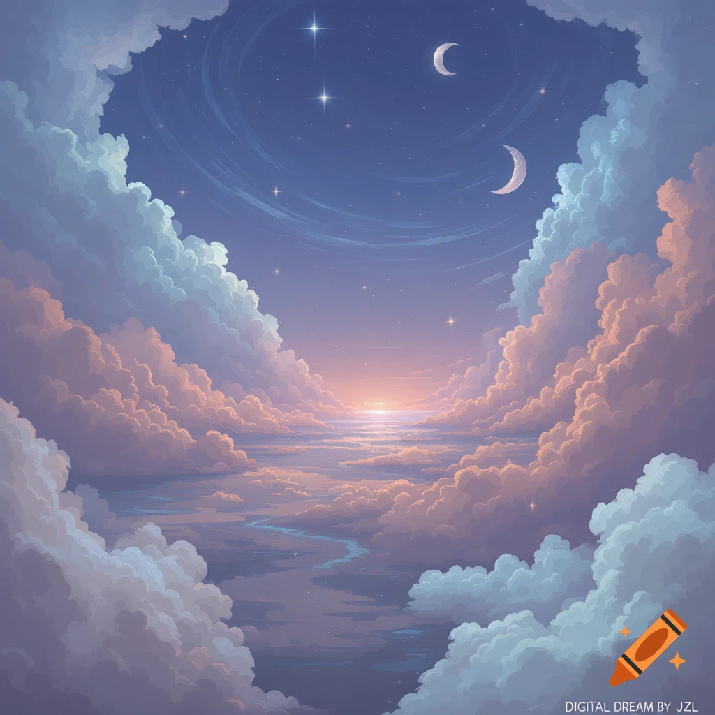 Dreamy sky landscape with clouds, moons, and stars over a reflective surface.