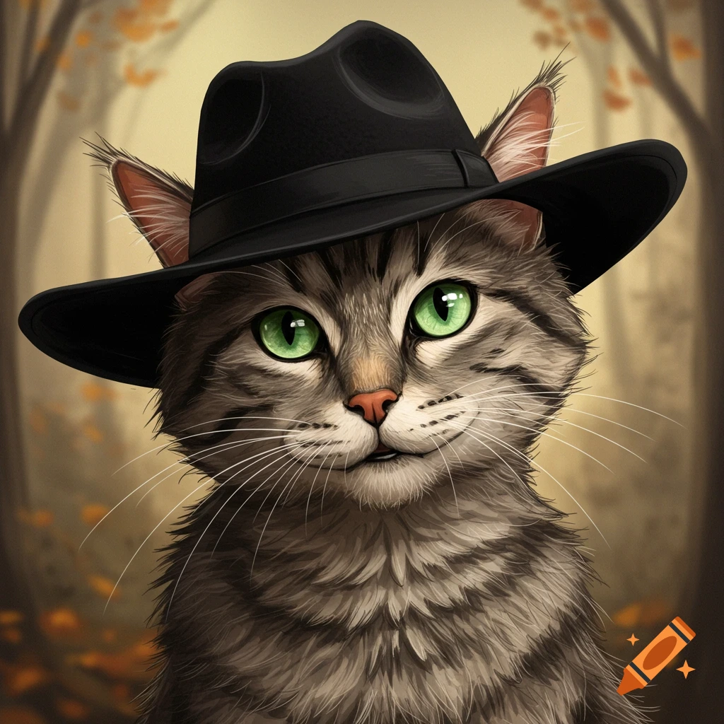 Close-up of a tabby cat wearing a black fedora hat, looking at the camera, with a forest background.