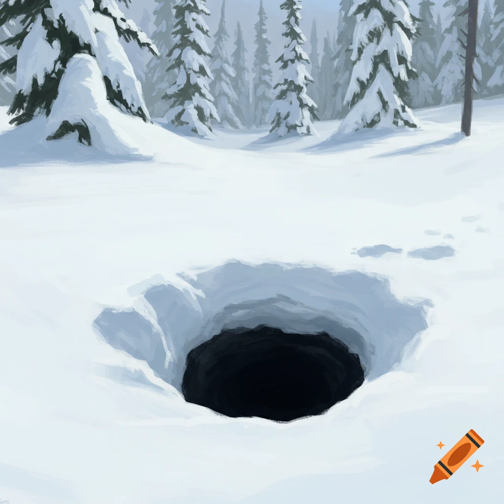 A dark hole in deep snow with footprints leading to it, set in a snowy forest landscape.