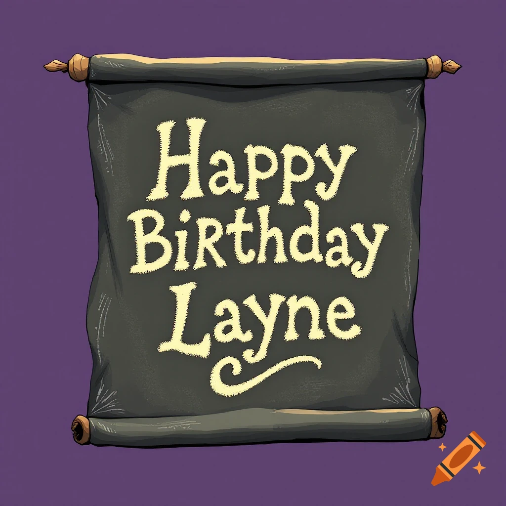 A scroll banner with the words "Happy Birthday Layne" written on it against a purple background.