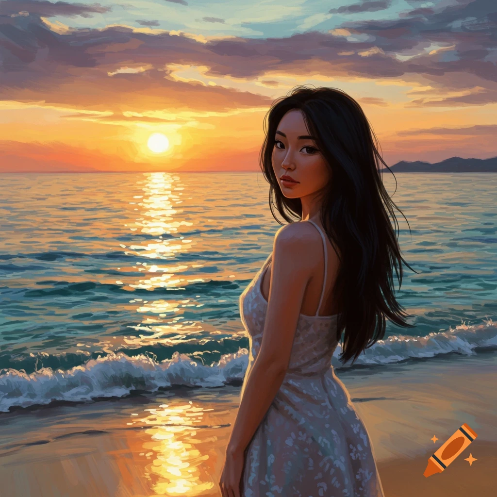 A painting of a woman on a beach at sunset.