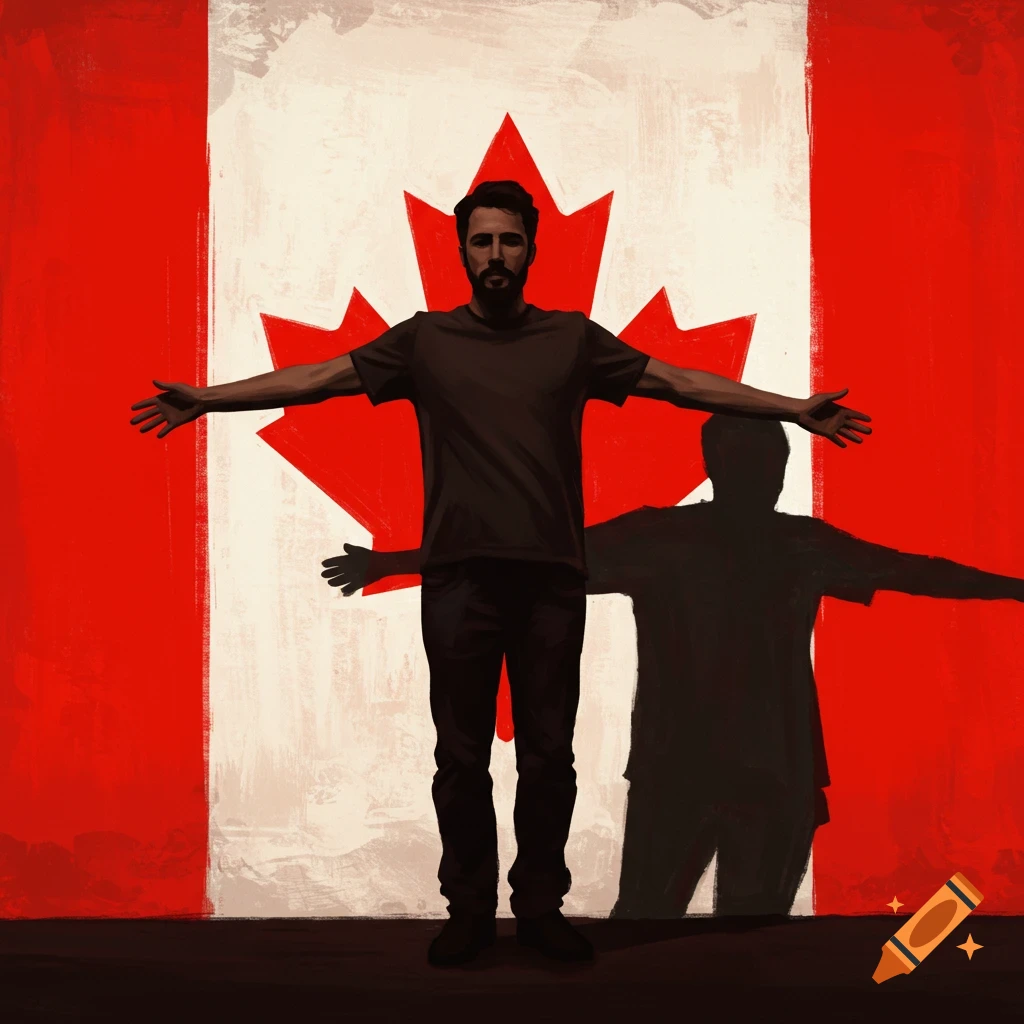 Illustration of a man with outstretched arms standing in front of a large Canadian flag, casting a shadow.
