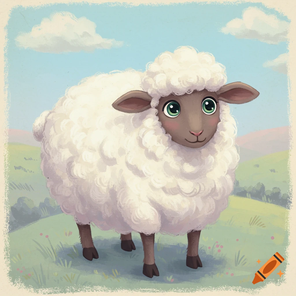 A cute cartoon sheep stands in a grassy field under a blue sky.