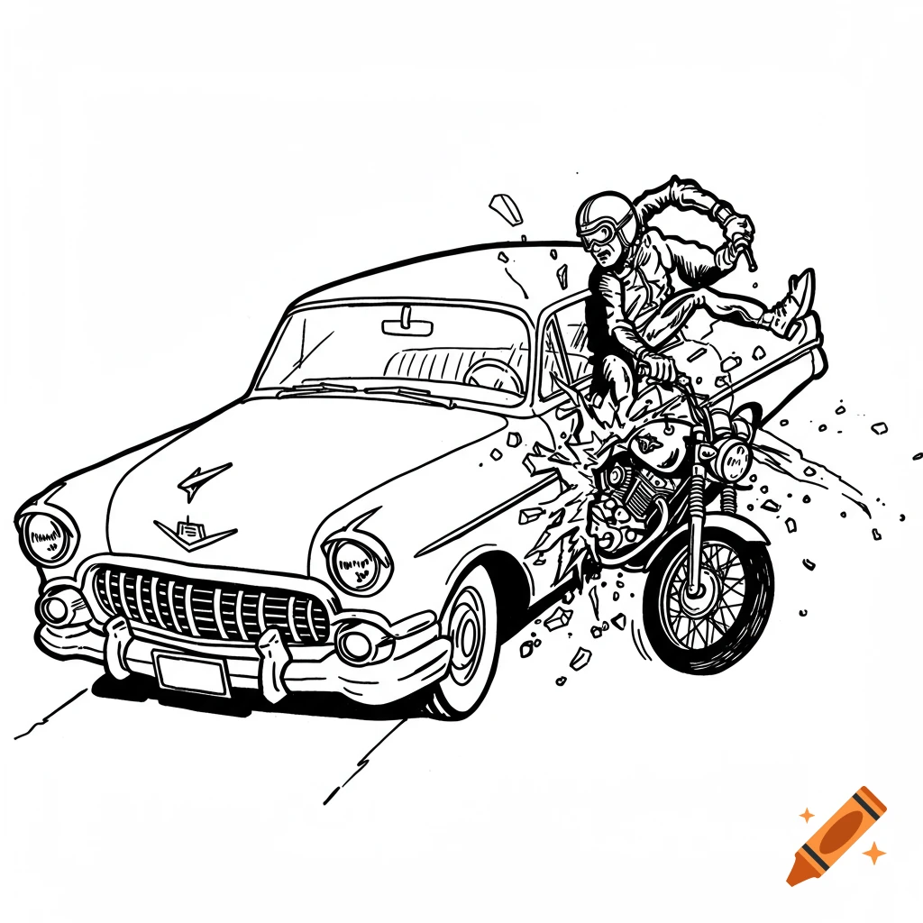 Black and white illustration of a car crashing into a motorcycle, throwing the biker over the car.