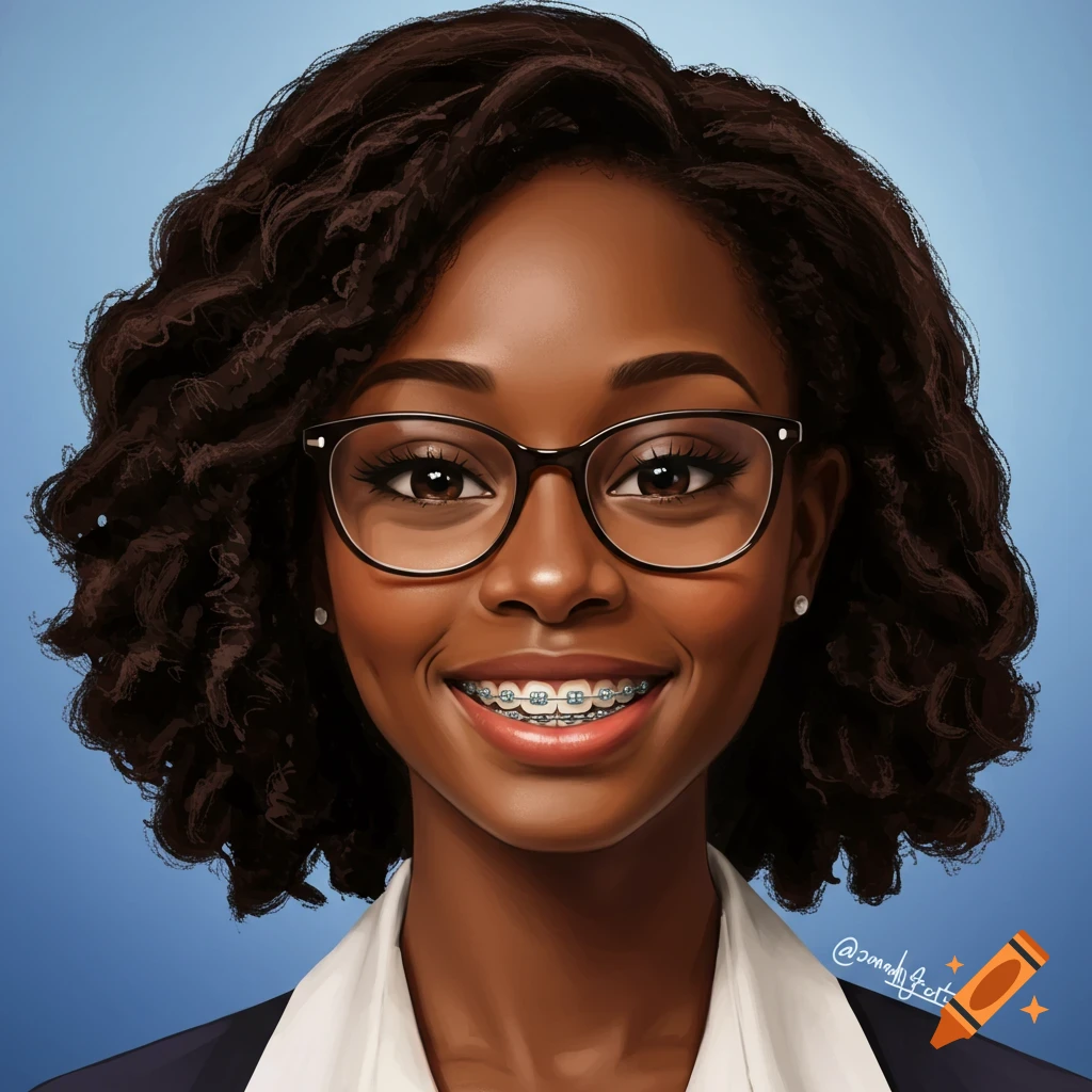 Stylized portrait of an African American woman with glasses and braces smiling