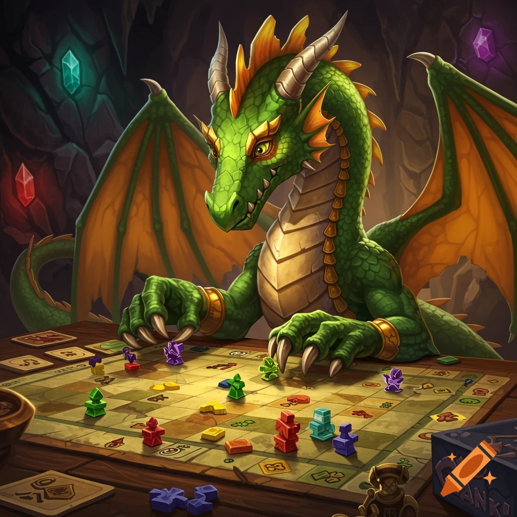 A green dragon plays a board game called 'Clank!' in a cave, illustration style.