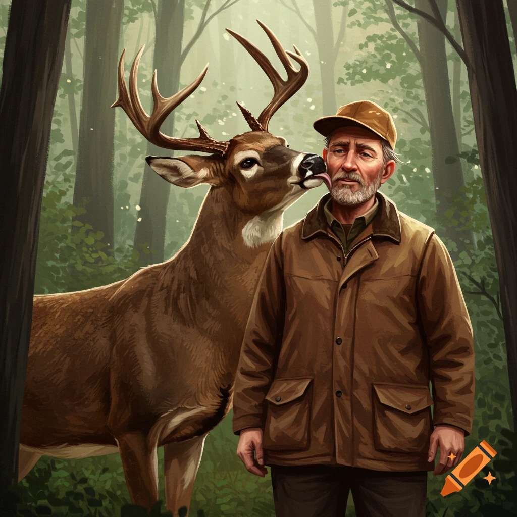 An illustration of a deer licking a man's cheek in a forest.
