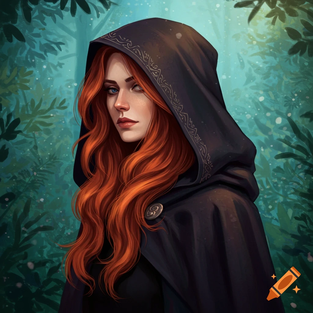 A red-haired woman in a black cloak stands in a forest.