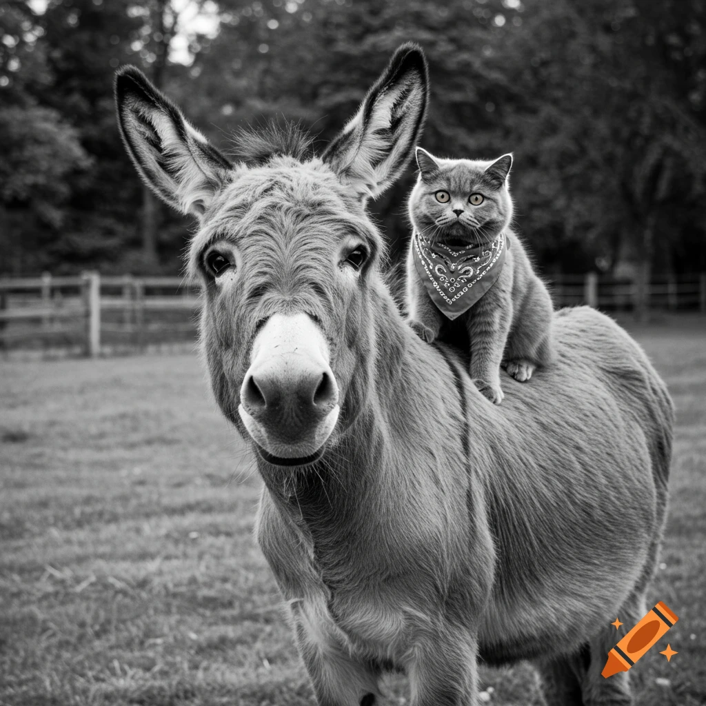 Black and white photo of a cat wearing a bandana riding on a donkey's back.