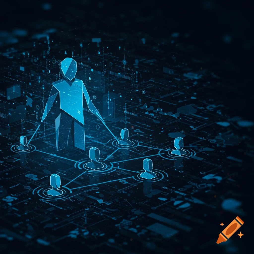 Geometric figure representing a manager connected to a network of smaller figures on a futuristic blue circuit board.