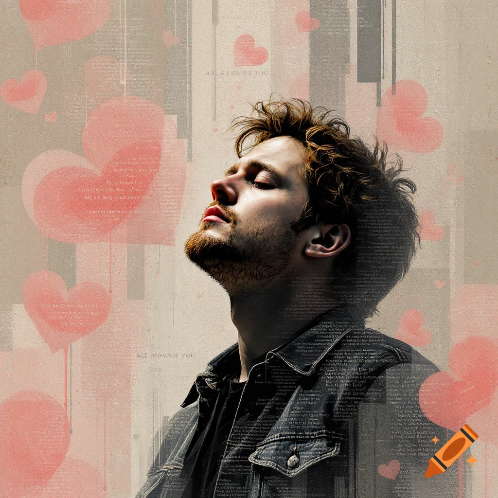 Artistic portrait of a man with his head tilted back, eyes closed, surrounded by hearts and overlaid abstract text.