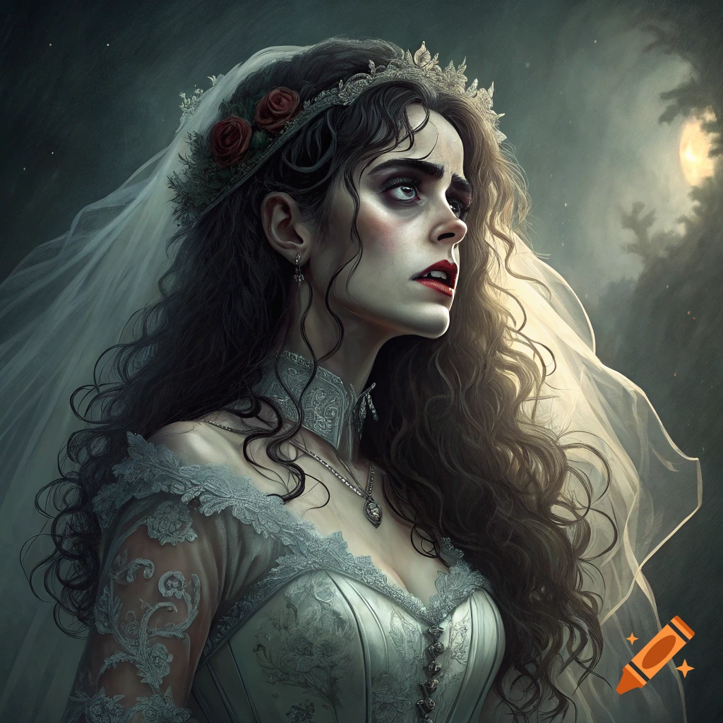 Portrait of a woman as the Bride of Frankenstein in a veil and tiara, looking up at a moonlit sky.