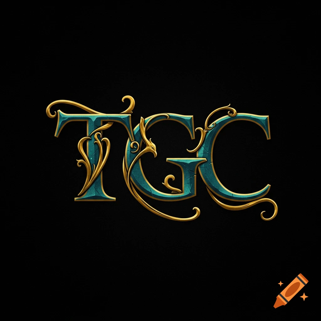 Ornate fantasy-style logo of the letters TGC in gold and teal on black.