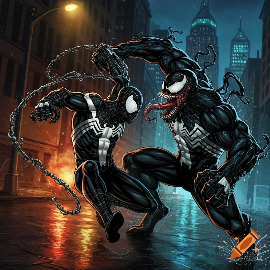 Spider-Man in black suit fights Venom in a city street in a comic book style.