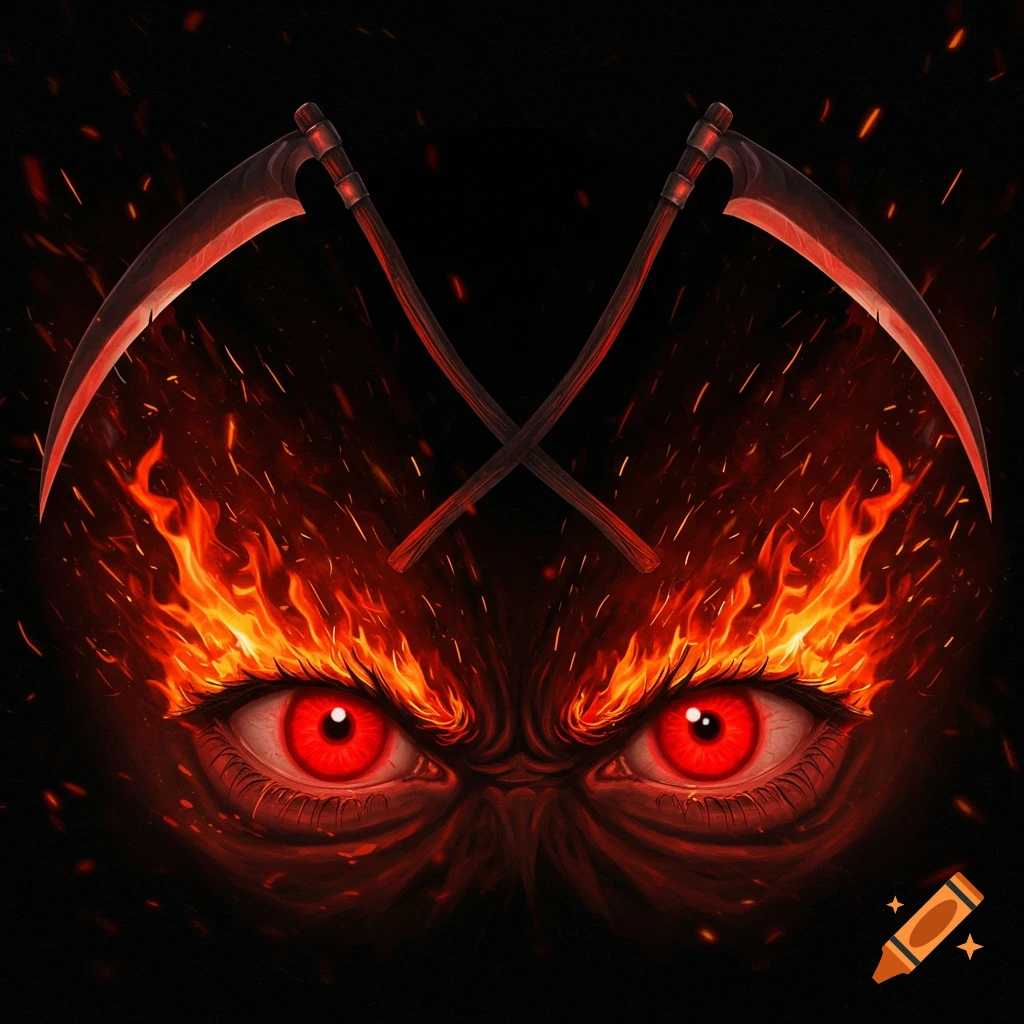 Illustration of fiery red eyes under crossed scythes surrounded by fire and sparks on a black background.