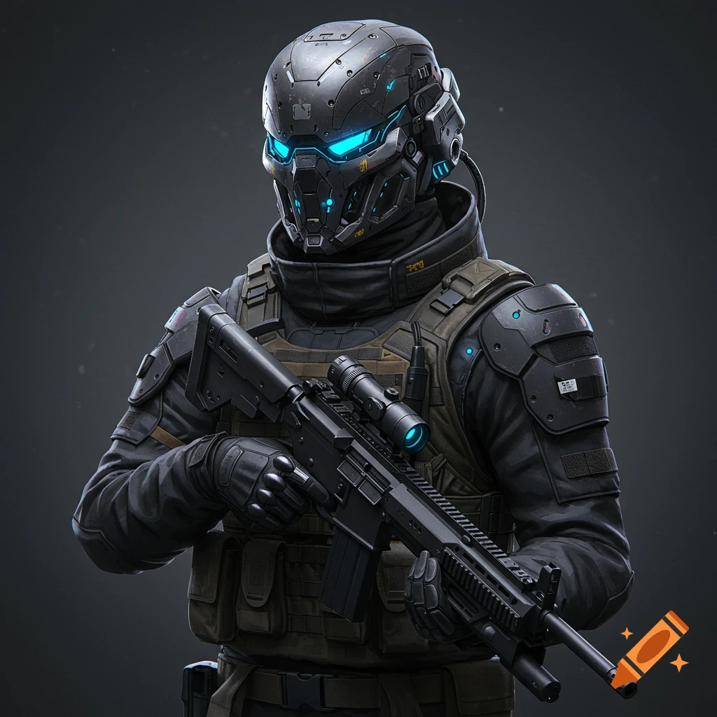 A futuristic cybernetic warrior in tactical gear holding a rifle.