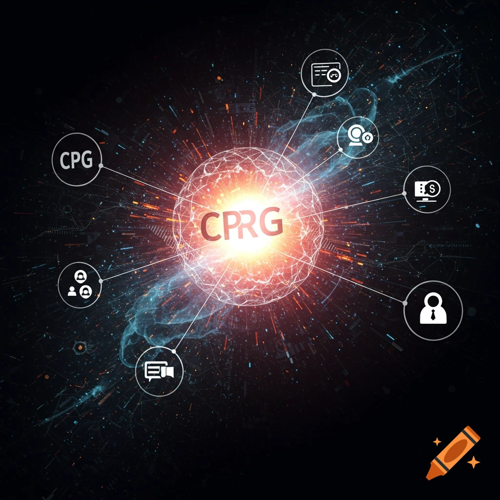 Glowing sphere with 'CPRG' text and connecting icons on a dark digital background.