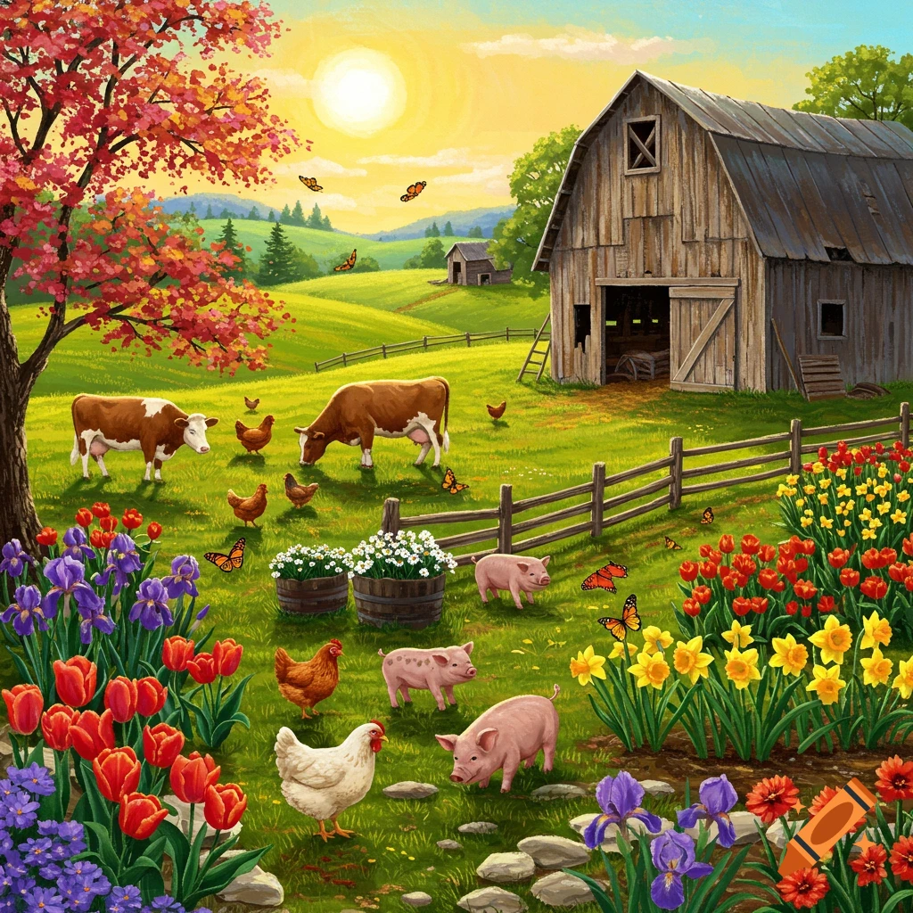 Sunny farm scene with barn, cows, pigs, chickens, flowers, and butterflies