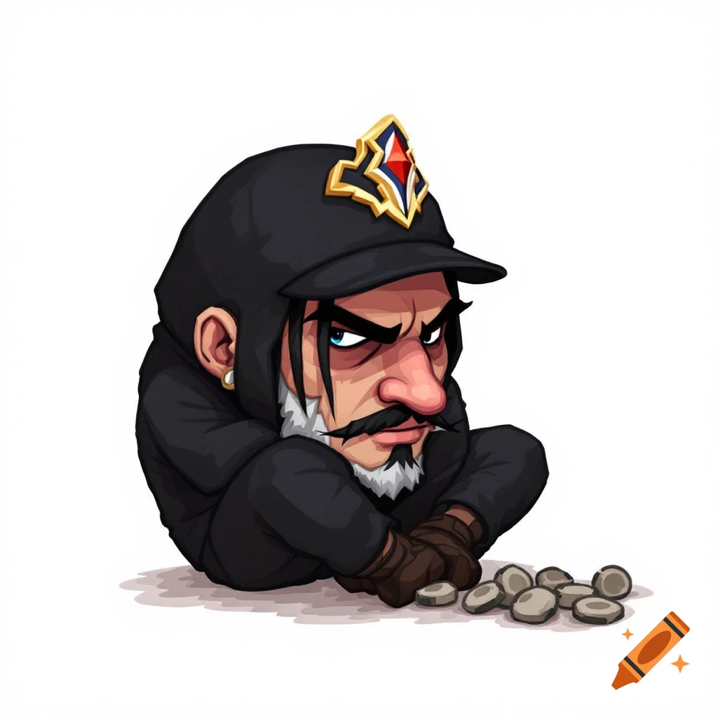 A cartoon character wearing a black hooded cloak and cap with a gold and red badge, squatting next to a pile of rocks.