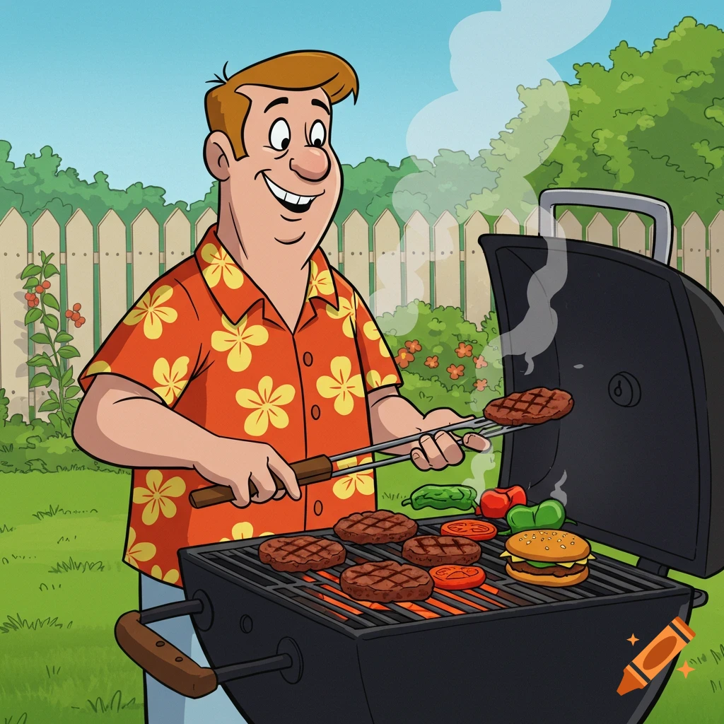 Cartoon illustration of a man in a Hawaiian shirt grilling burgers and vegetables in a backyard.