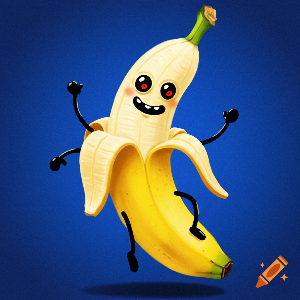 Cartoon banana character with red eyes and a smile, jumping on a blue background.