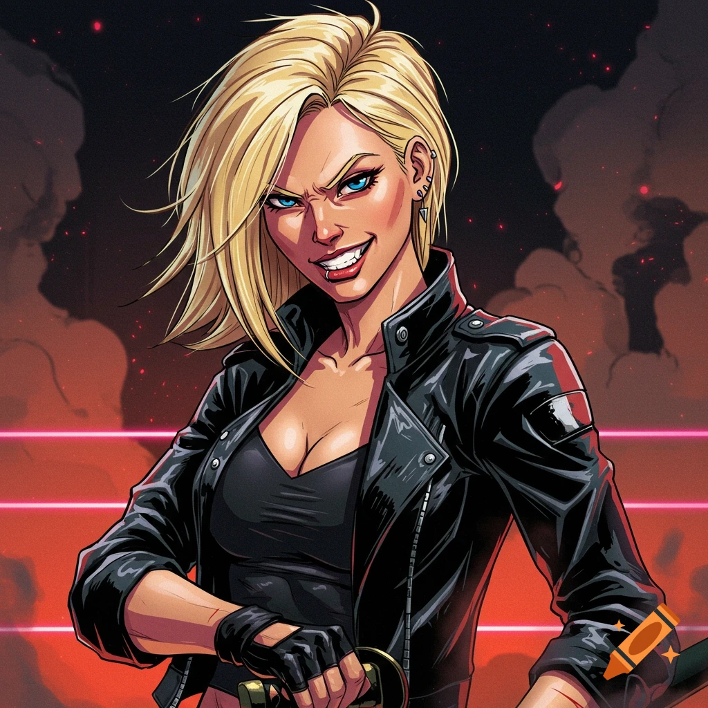 Comic book style illustration of a smirking blonde woman in a black leather jacket holding a sword hilt.
