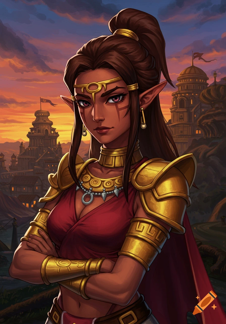 Stylized illustration of a fantasy woman in red and gold armor, with pointed ears, arms crossed, against a fantasy city background at sunset.