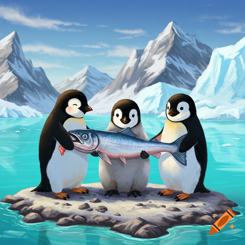 Three cute illustrated penguins on a rock holding a large fish in an arctic landscape with mountains and ice.