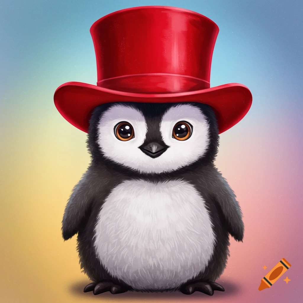 Cute cartoon penguin wearing a red top hat.