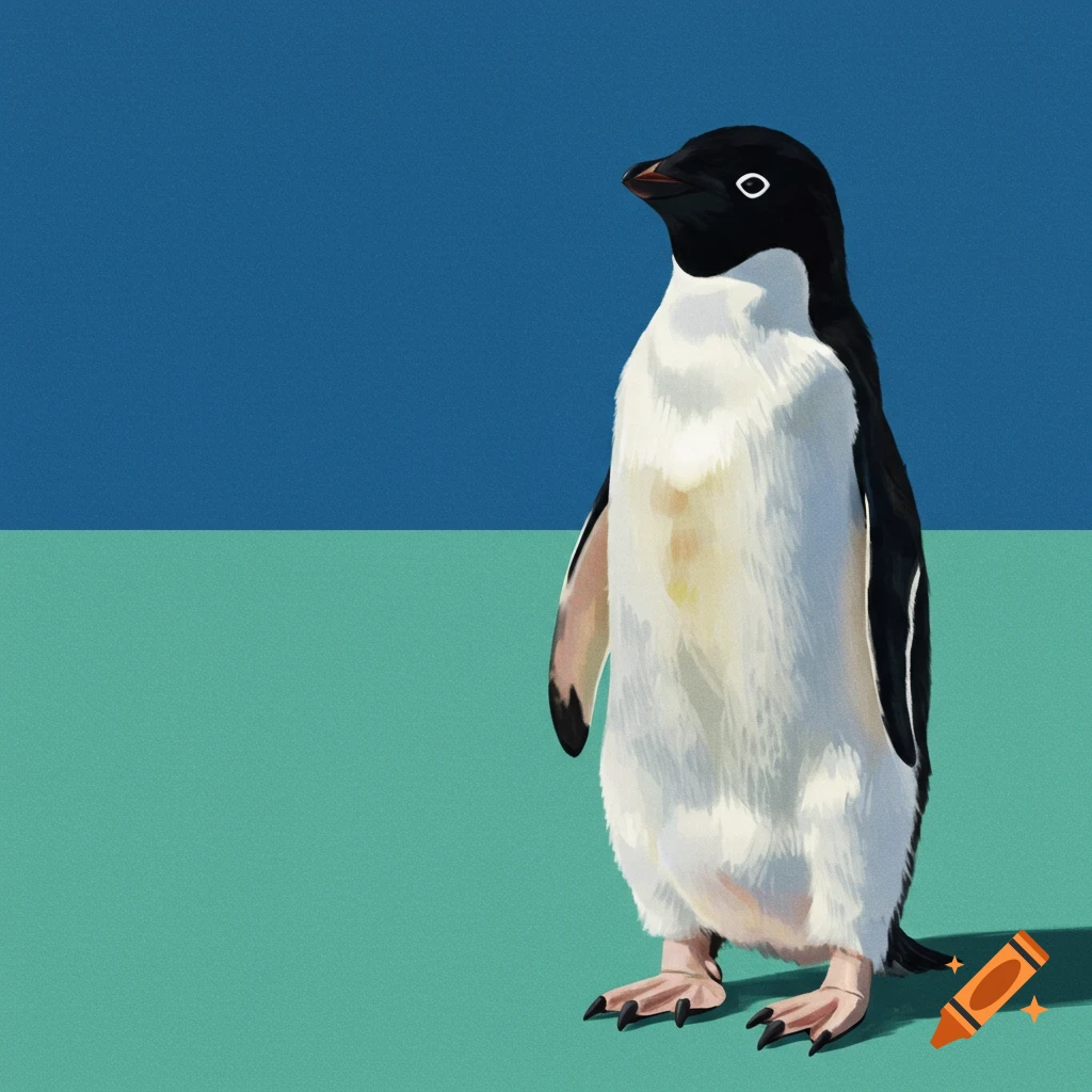 An illustration of a penguin standing against a background split between blue sky and sea green ground.