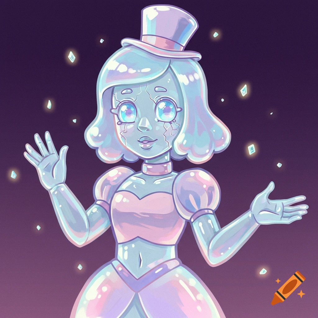 A stylized cartoon character with a shiny, translucent glass body in ...