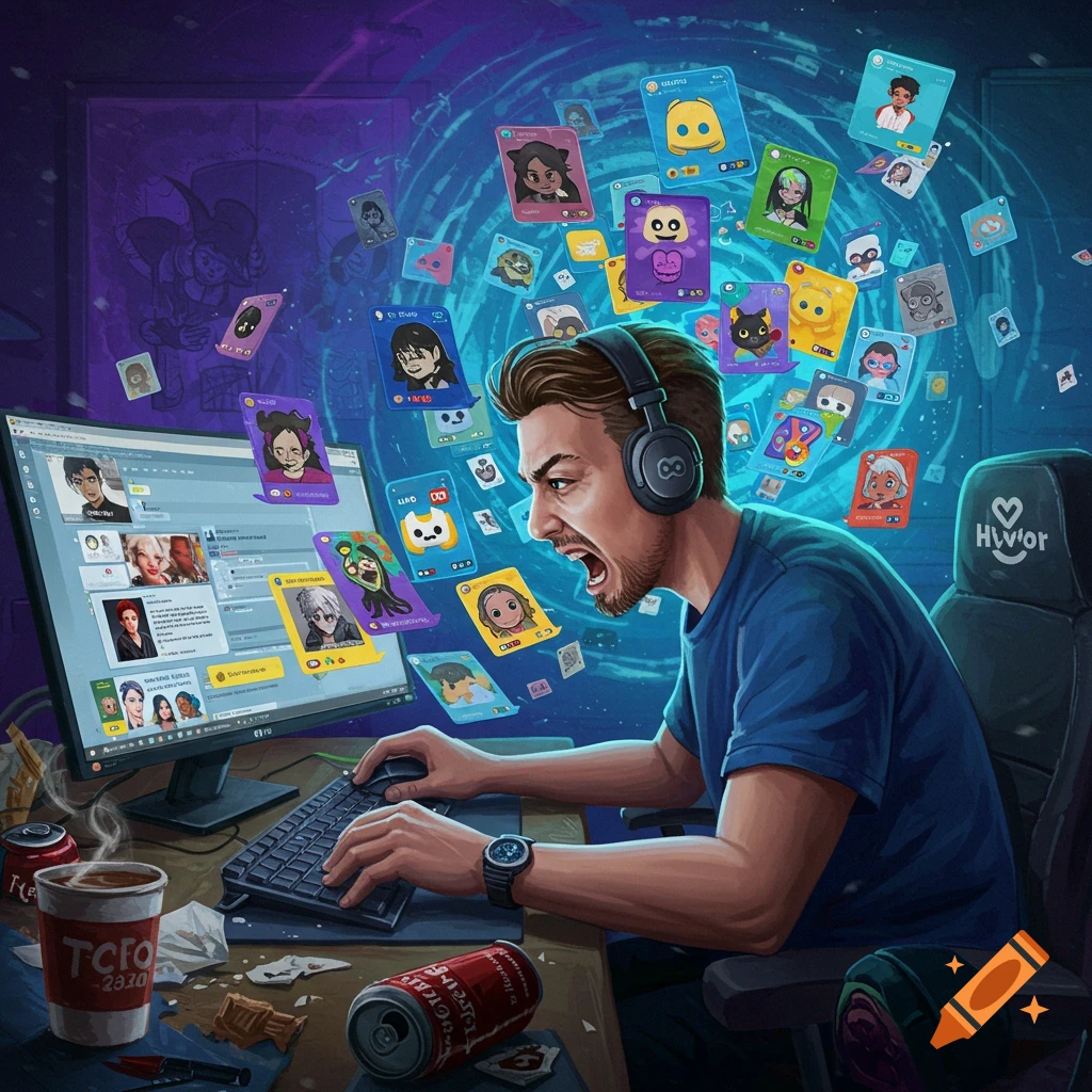 A person reacts intensely at a computer screen, surrounded by floating avatar cards.