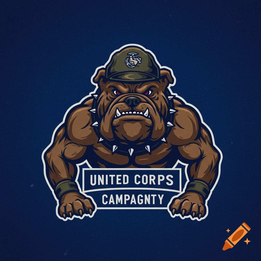Stylized muscular brown bulldog in military hat and spiked collar, with banner reading 'UNITED CORPS CAMPAGNTY'. Logo art.