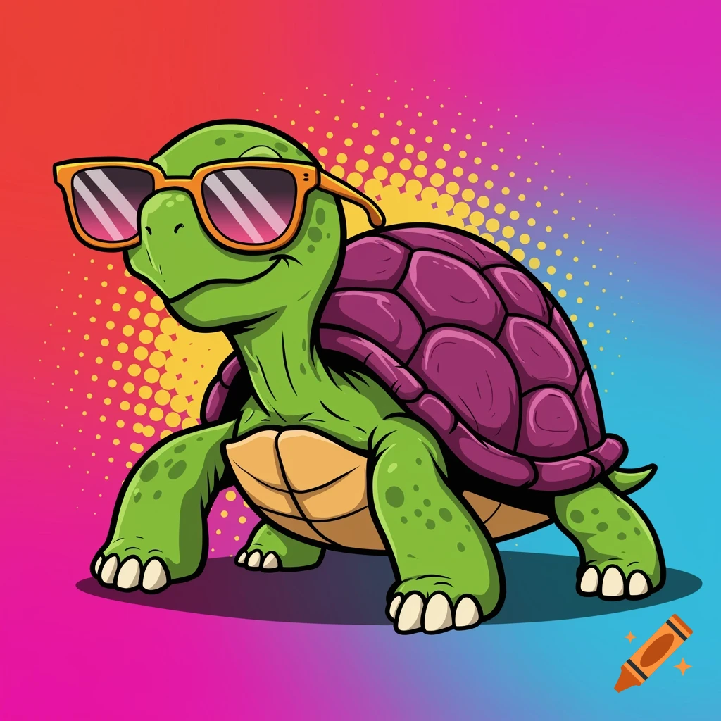 Cartoon turtle with sunglasses on a colorful background.