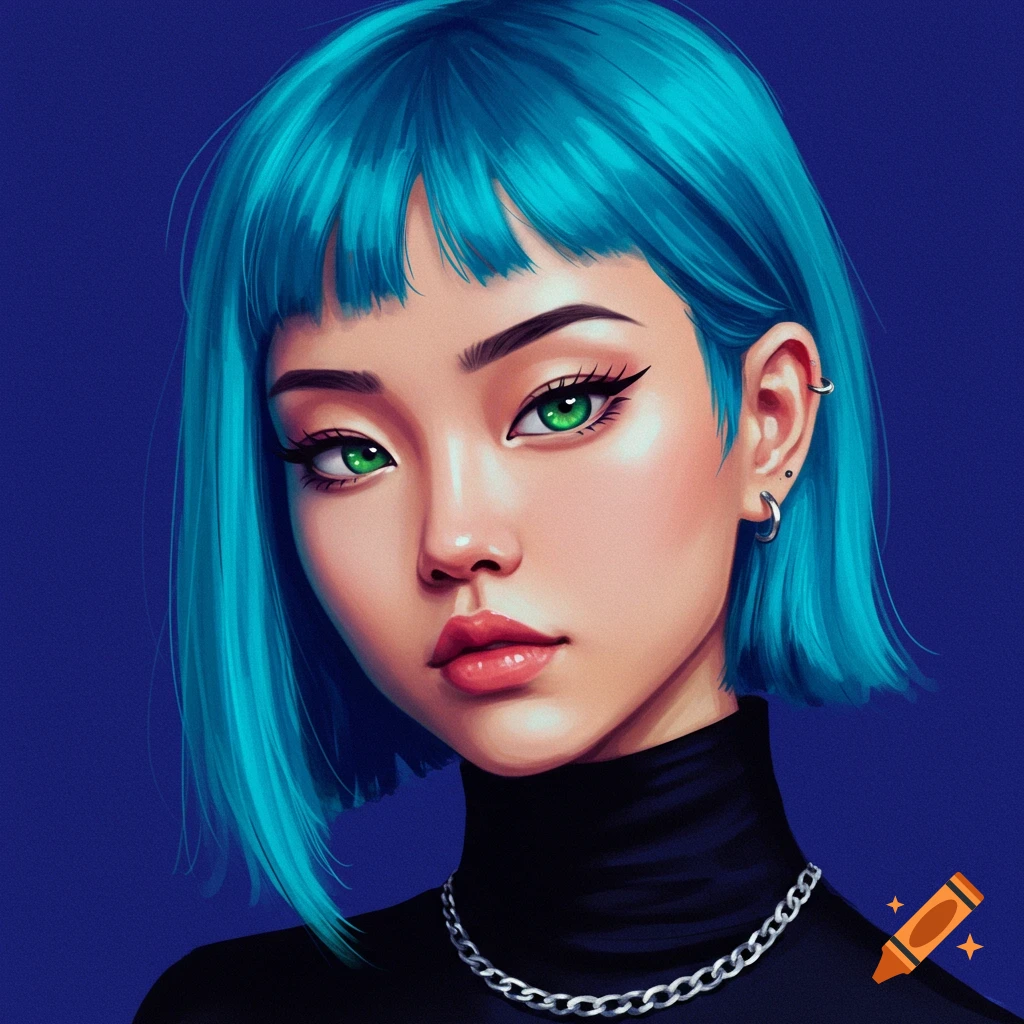 Close-up of a young woman with blue hair and green eyes wearing a black turtleneck.