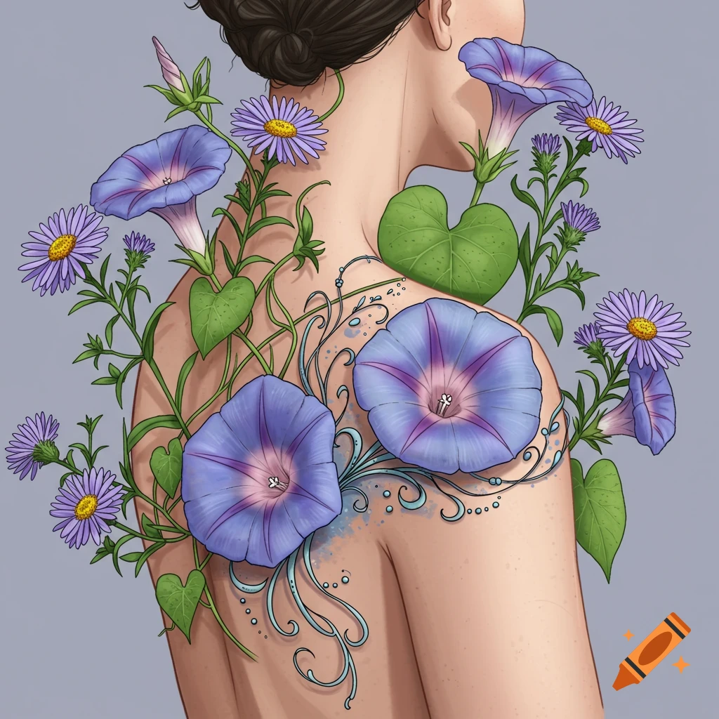 Illustration of a person's back and shoulder with a tattoo of purple morning glories, asters, and vines.