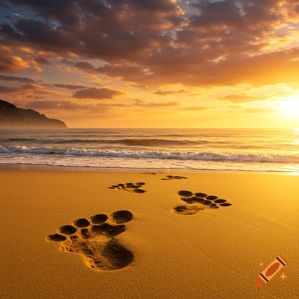 Giant footprints on a beach at sunset, with waves and a headland in the distance.