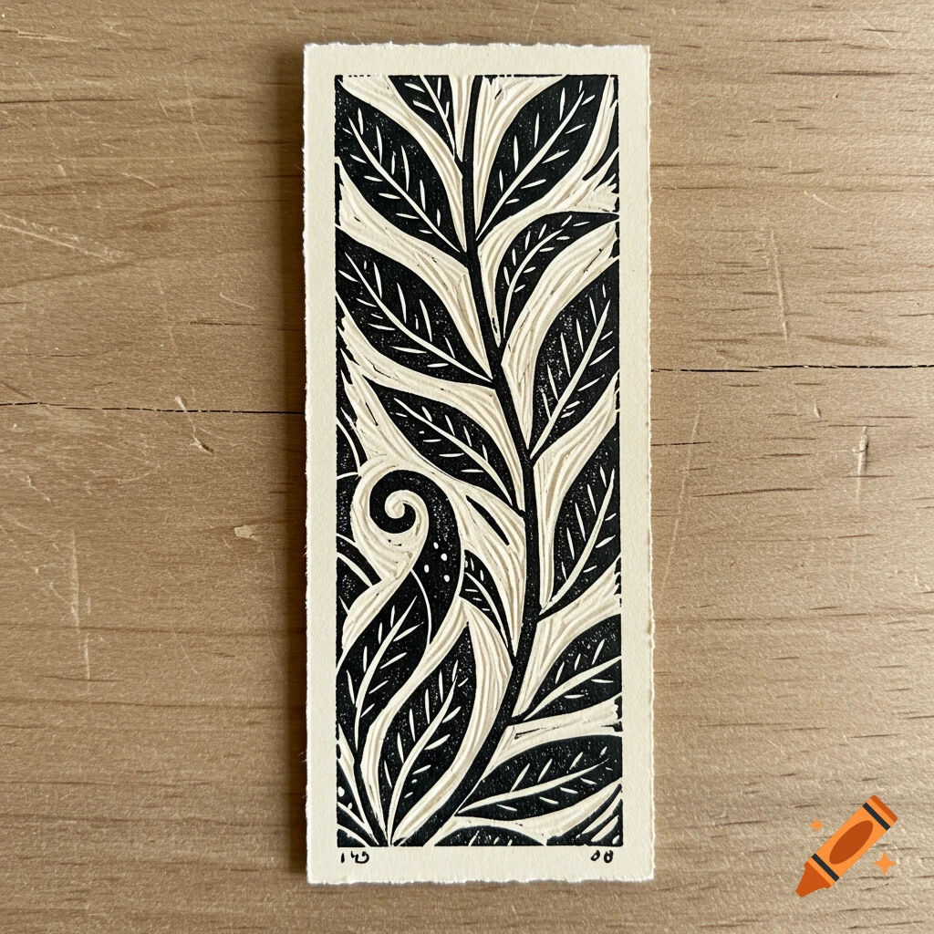 A black and white linocut print of a leafy plant stem on a bookmark shape, placed on a wooden surface.