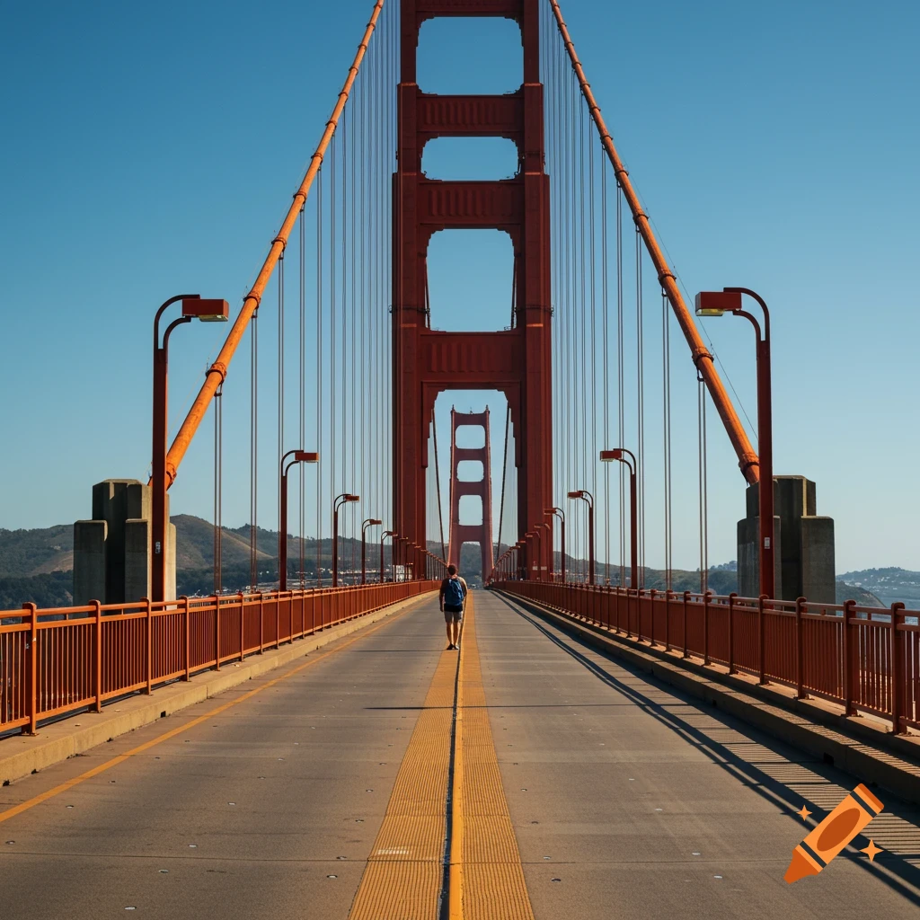 A person walks across the Golden Gate Bridge with no cars visible, under a clear blue sky.