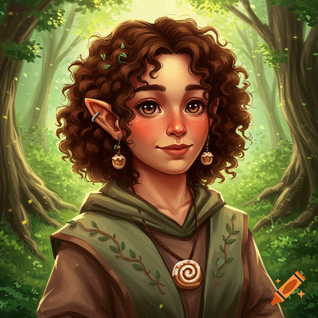 Portrait of a young fantasy character with curly hair, freckles, pointy ears, and a cinnamon roll necklace in a forest.