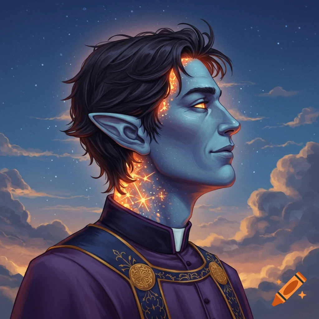 Profile portrait of a blue-skinned fantasy character with pointed ears, glowing eyes, starry neck effect, purple clerical outfit against cloudy, starry sky.