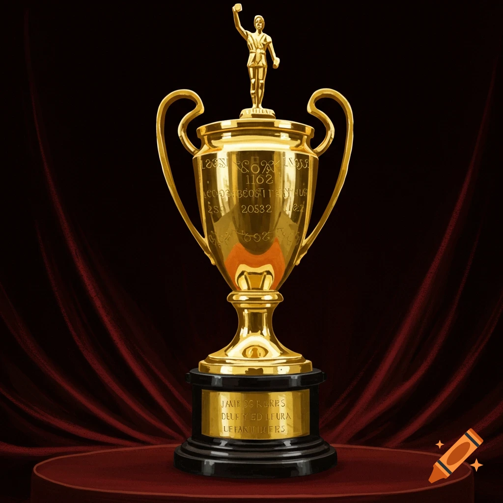 A golden trophy with a figure on top sits on a red platform against a red curtain background.