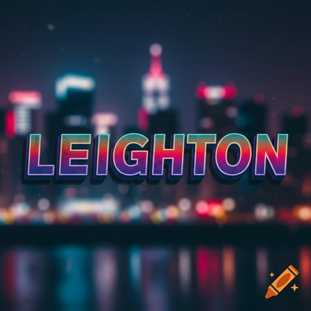 Colorful text spelling LEIGHTON in front of a blurred city skyline at night.