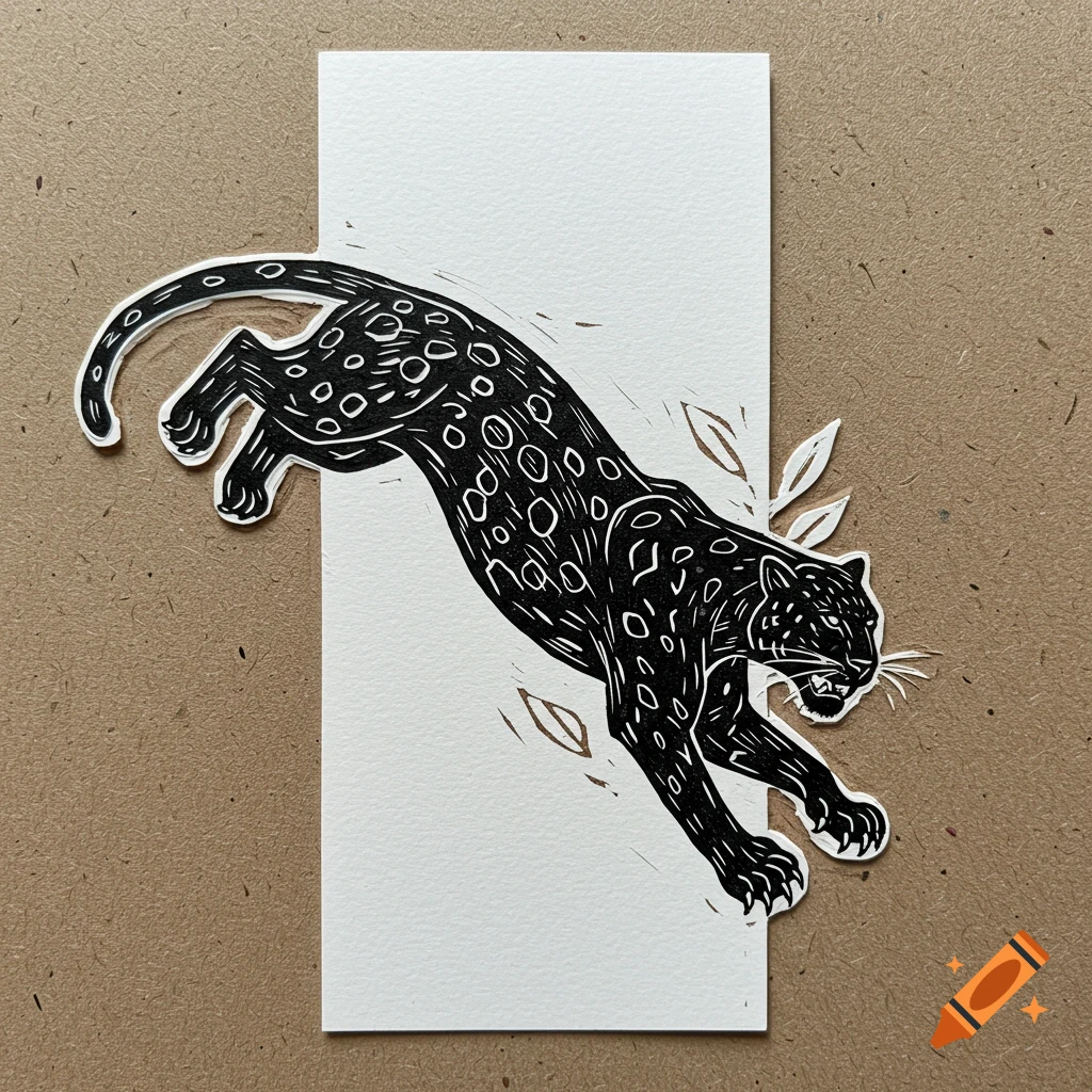Linocut illustration of a black panther jumping
