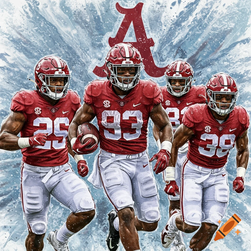 Illustration of four Alabama football players running with an icy background and team logo.